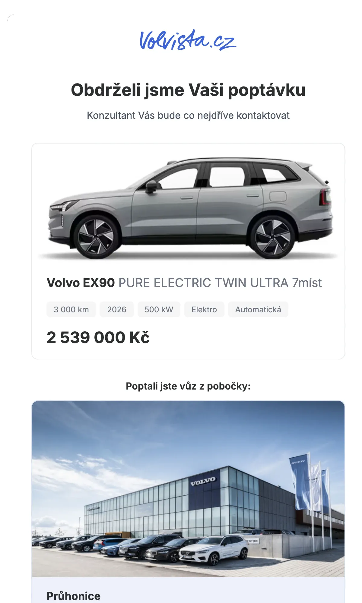 Přepracovaný transakční e‑mail s potvrzením poptávky vozu, podporuje tmavý režim a přehledně shrnuje vůz i pobočku