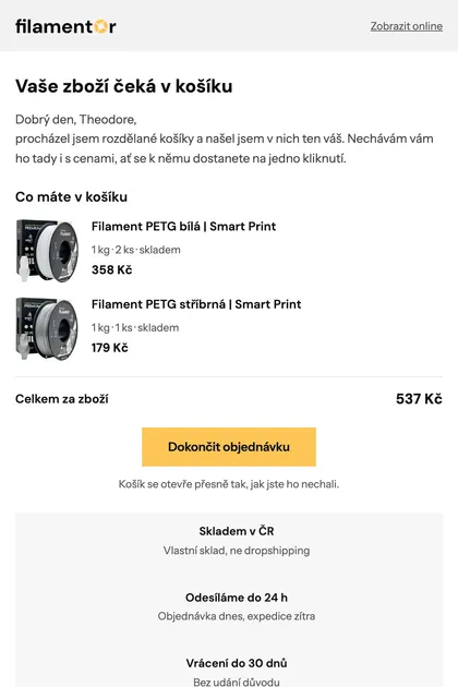 E‑mail k opuštěnému košíku pro Filamentor