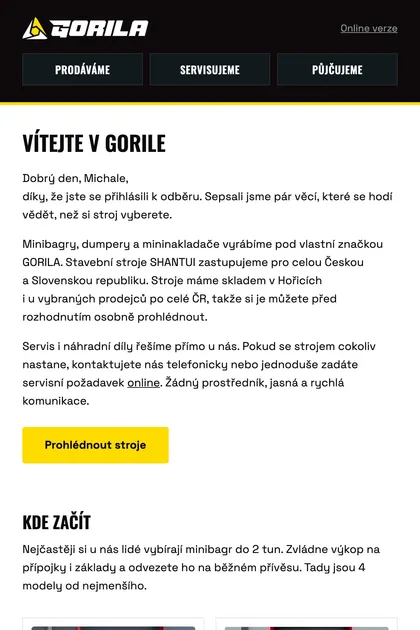 Uvítací e‑mail pro GORILA MACHINERY