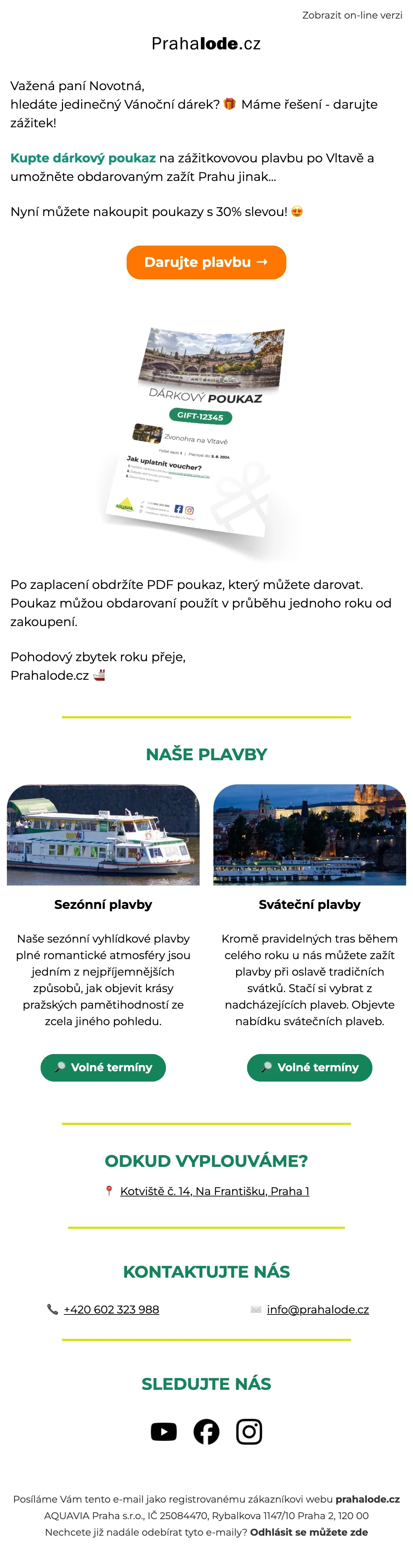 E-mailová šablona pro Praha Lode – newsletter pro lodní výlety a plavby po Vltavě