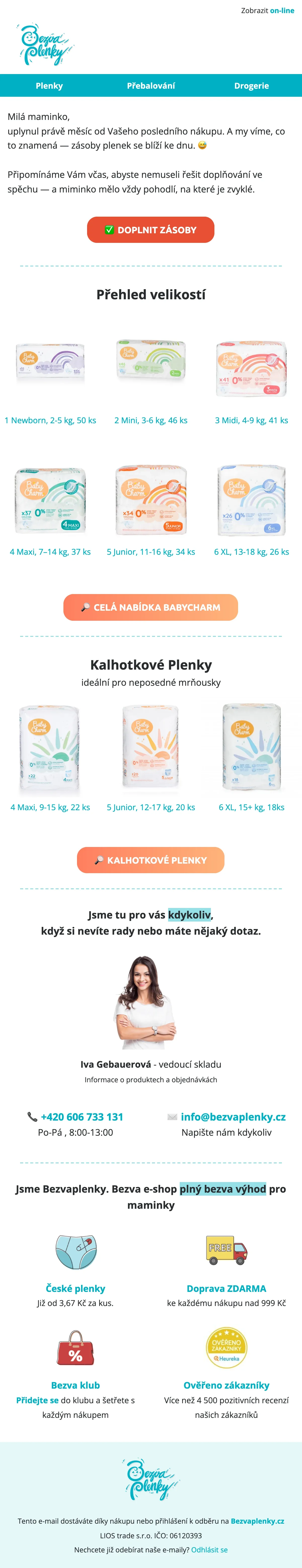 E-mailová šablona pro Bezvaplenky – newsletter pro e-shop s plenkami a dětskou kosmetikou