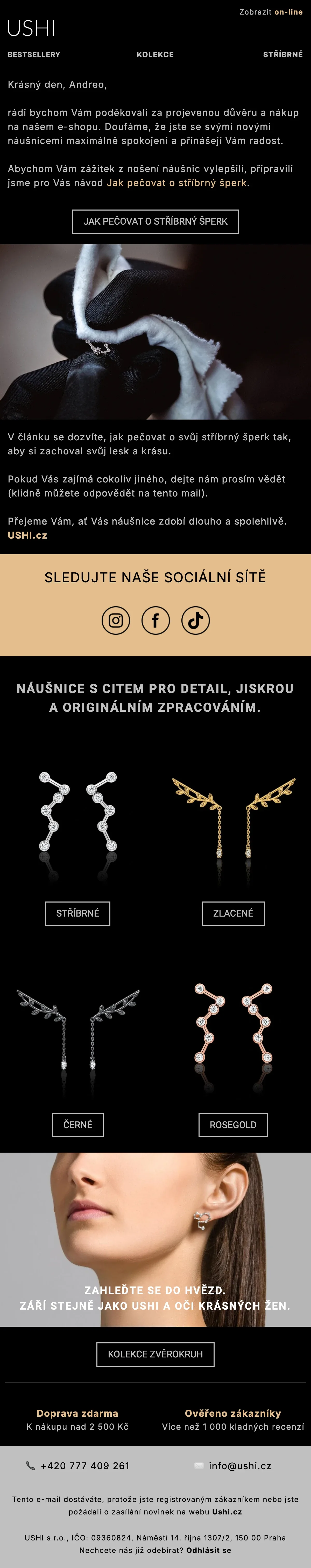 E-mailová šablona pro Ushi – newsletter pro e-shop se stříbrnými šperky a náušnicemi